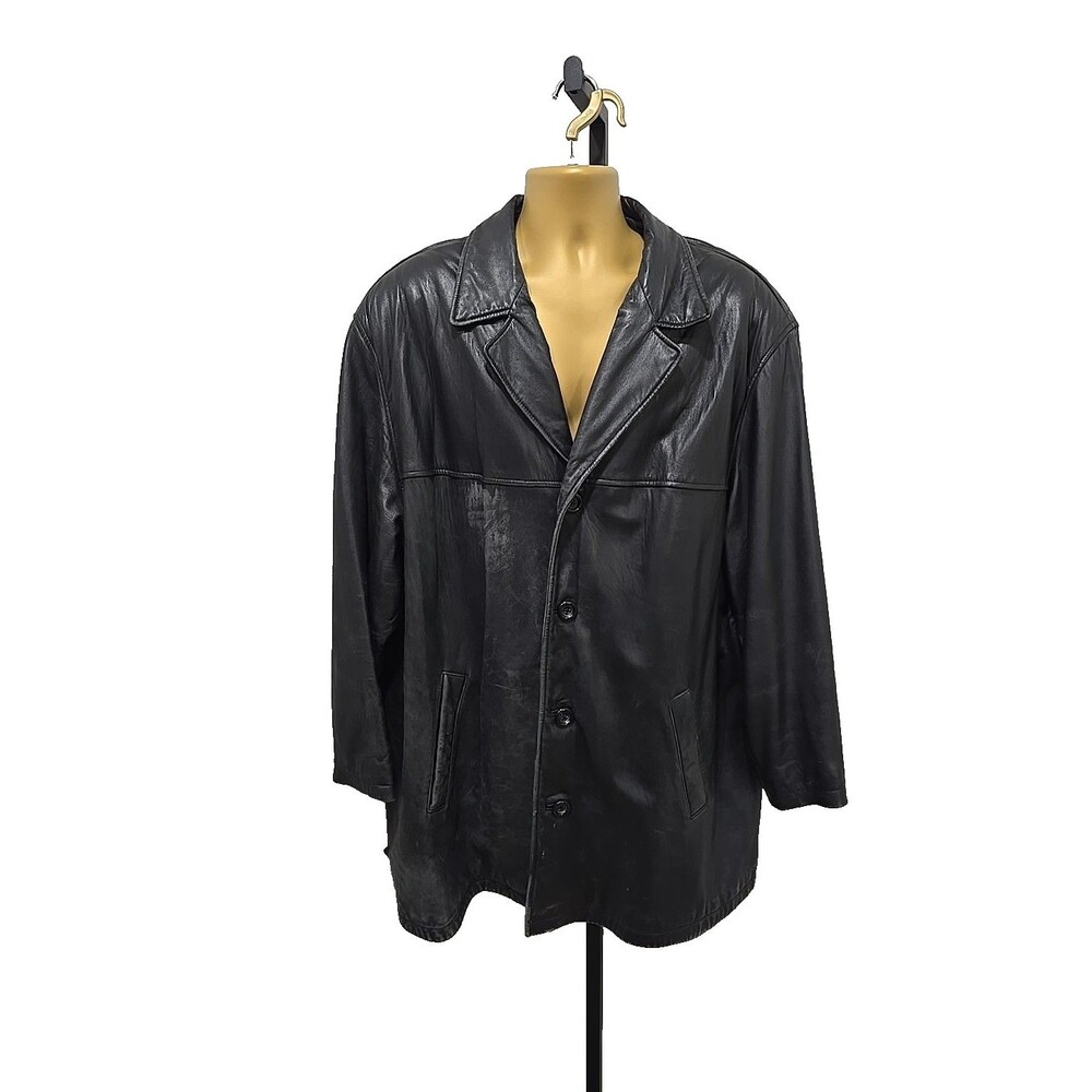 Black Leather Car Coat Jacket Mens 2XL Retro Grunge Punk Retro Thrashed Beatnik